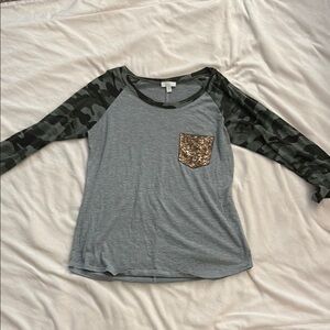 Gray and Camouflage Long Sleeve Top with Sequin Pocket Size Small